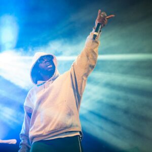 man raising his left hand with microphone
