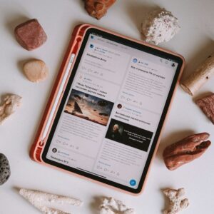 a tablet and some rocks